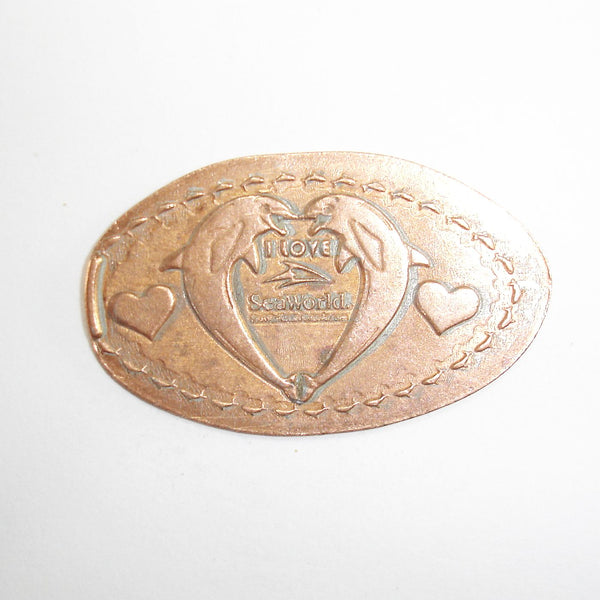 Pressed Penny: I Love Seaworld - Two Dolphins Forming a Heart